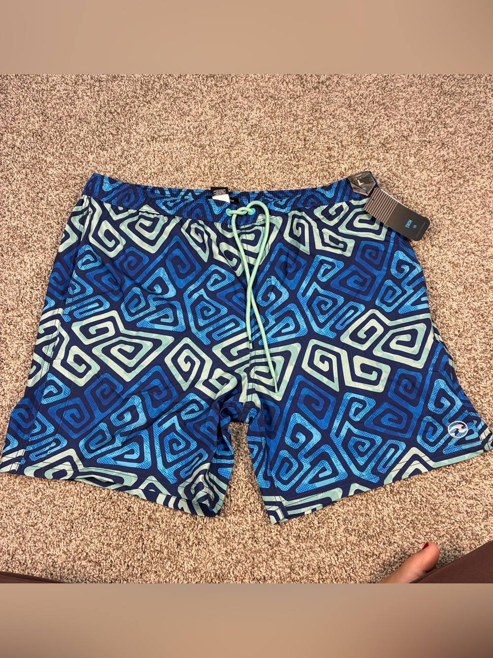 Ocean Current Men's Blue Geometric Swim Trunks with Mint Drawstring